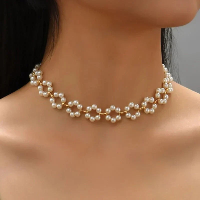 Ins Pearl Flowers Necklace Women&